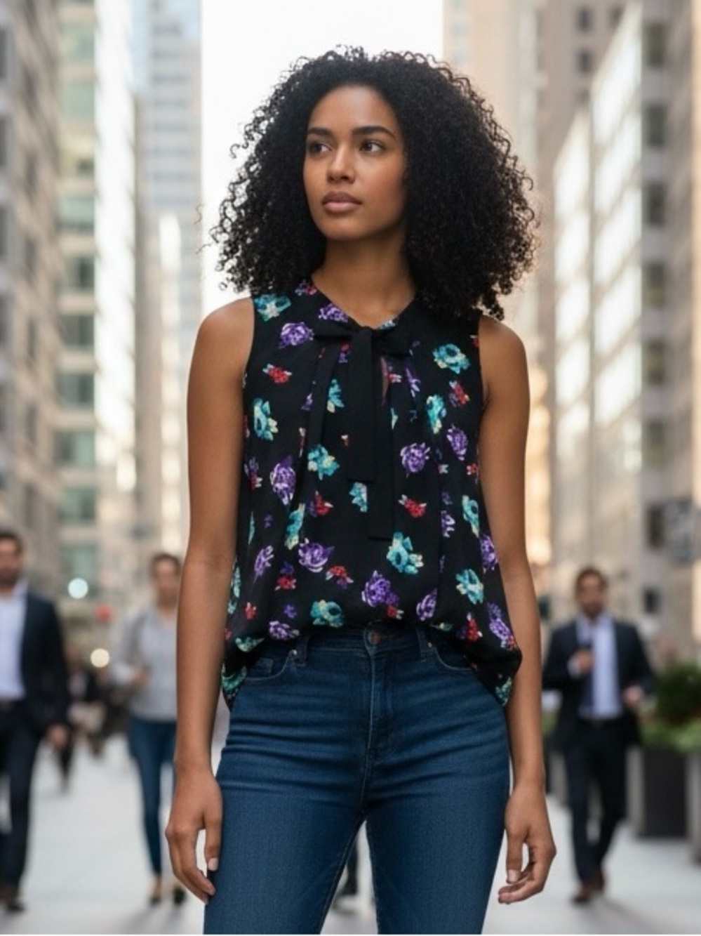 Elle Floral Tie Neck Sleeveless Blouse Black Multicolor XS